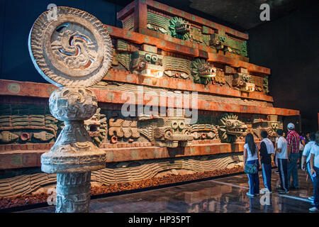 Replica, `Piramide de la serpiente emplumada´, Pyramid of the Feathered Serpent, or snake,from Teotihuacan, National Museum Anthropology. Mexico City. Stock Photo